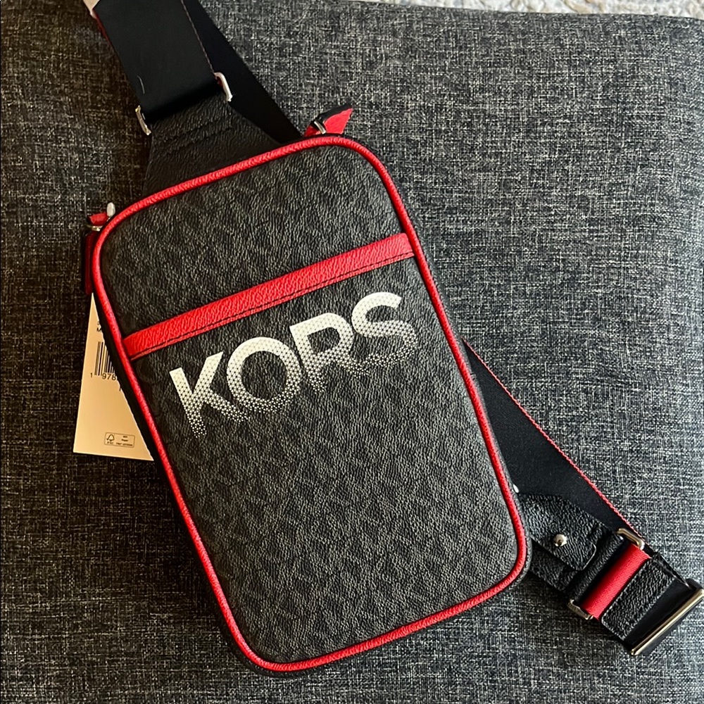 Michael Kors Black and Red Belt Bag with Monogram Design